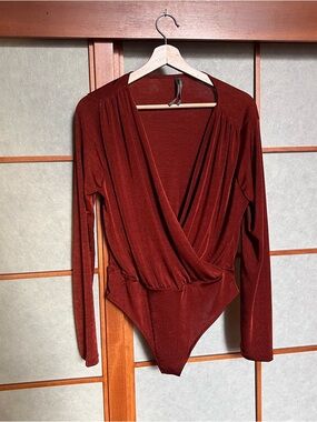 Anthropologie Red Plunge V Neck Long Sleeve Bodysuit Medium